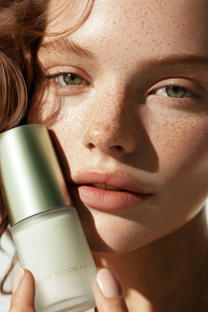 A woman with freckled hair holding a bottle of cream.