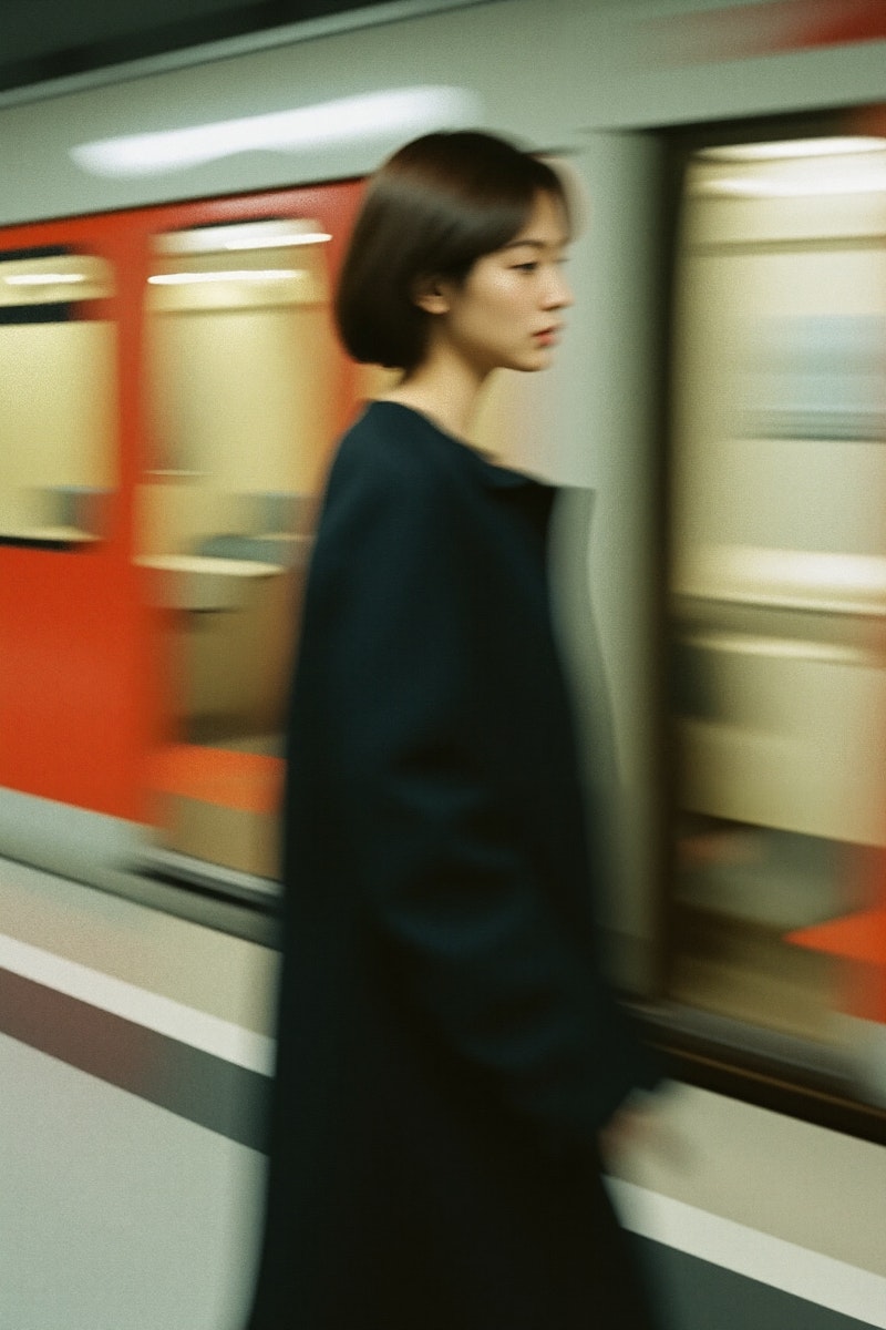 A woman in a black coat is waiting for a train.