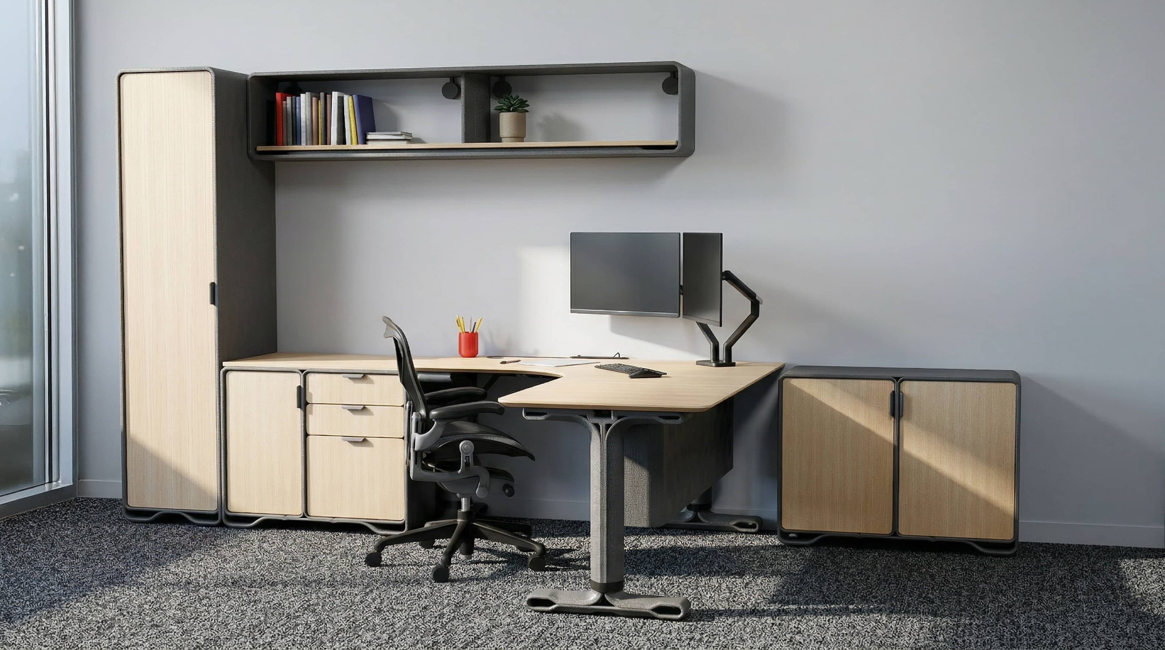 Two modern white lounge chairs on a stone patio by a pool with wooden furniture and green trees in the background.