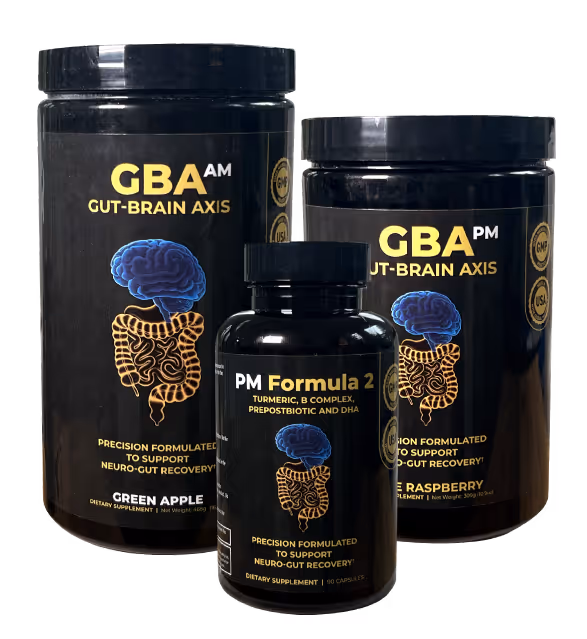 Three dietary supplement bottles labeled GBA AM and PM Gut-Brain Axis with brain and gut illustrations, flavors Green Apple and Blue Raspberry, and a PM Formula 2 bottle.