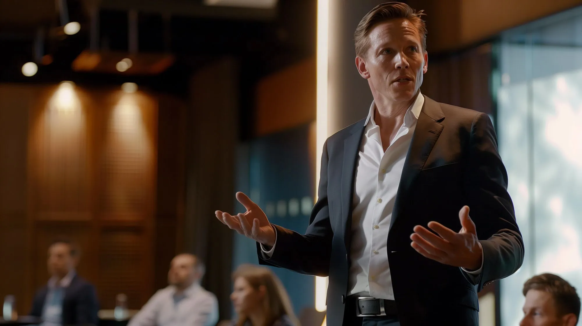 A man in a suit standing in front of a group of people.