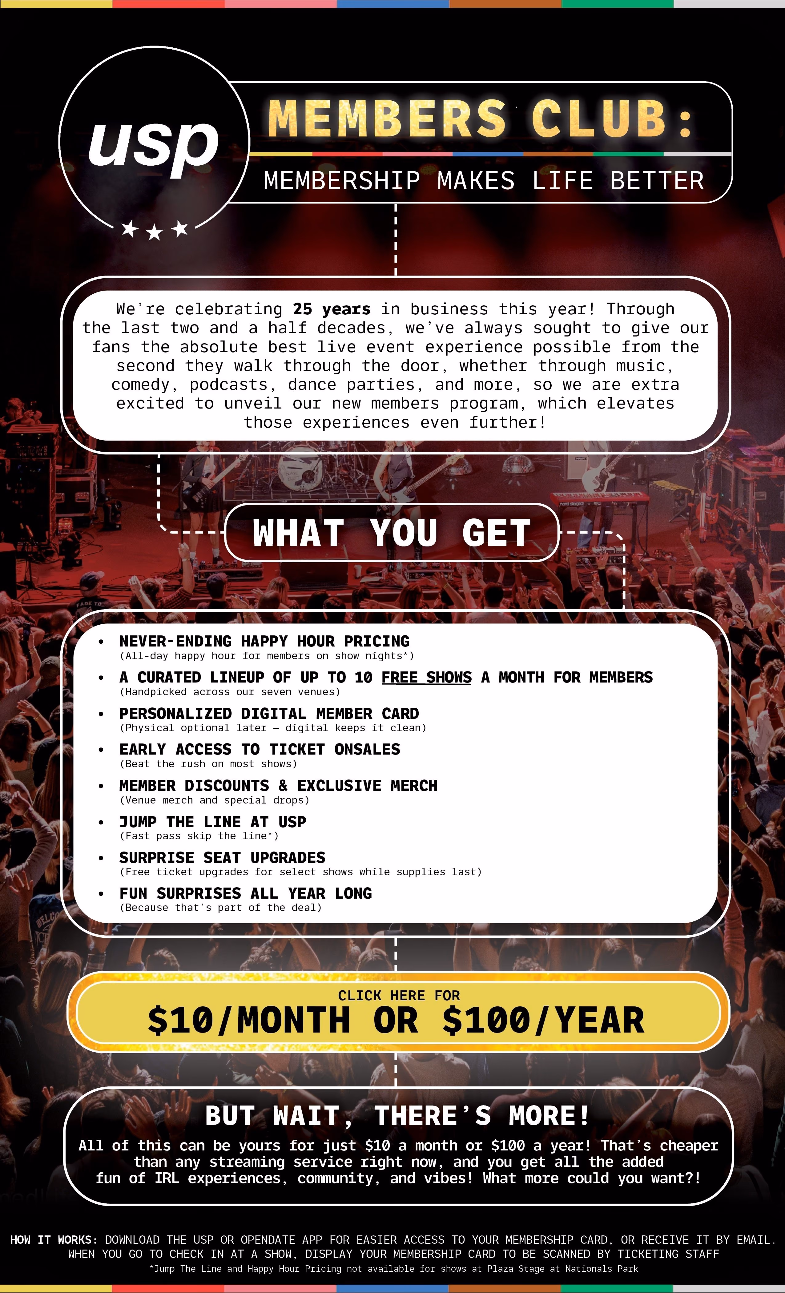 Union Stage Presents Members Club flyer: membership perks for $10 a month or $100 a year