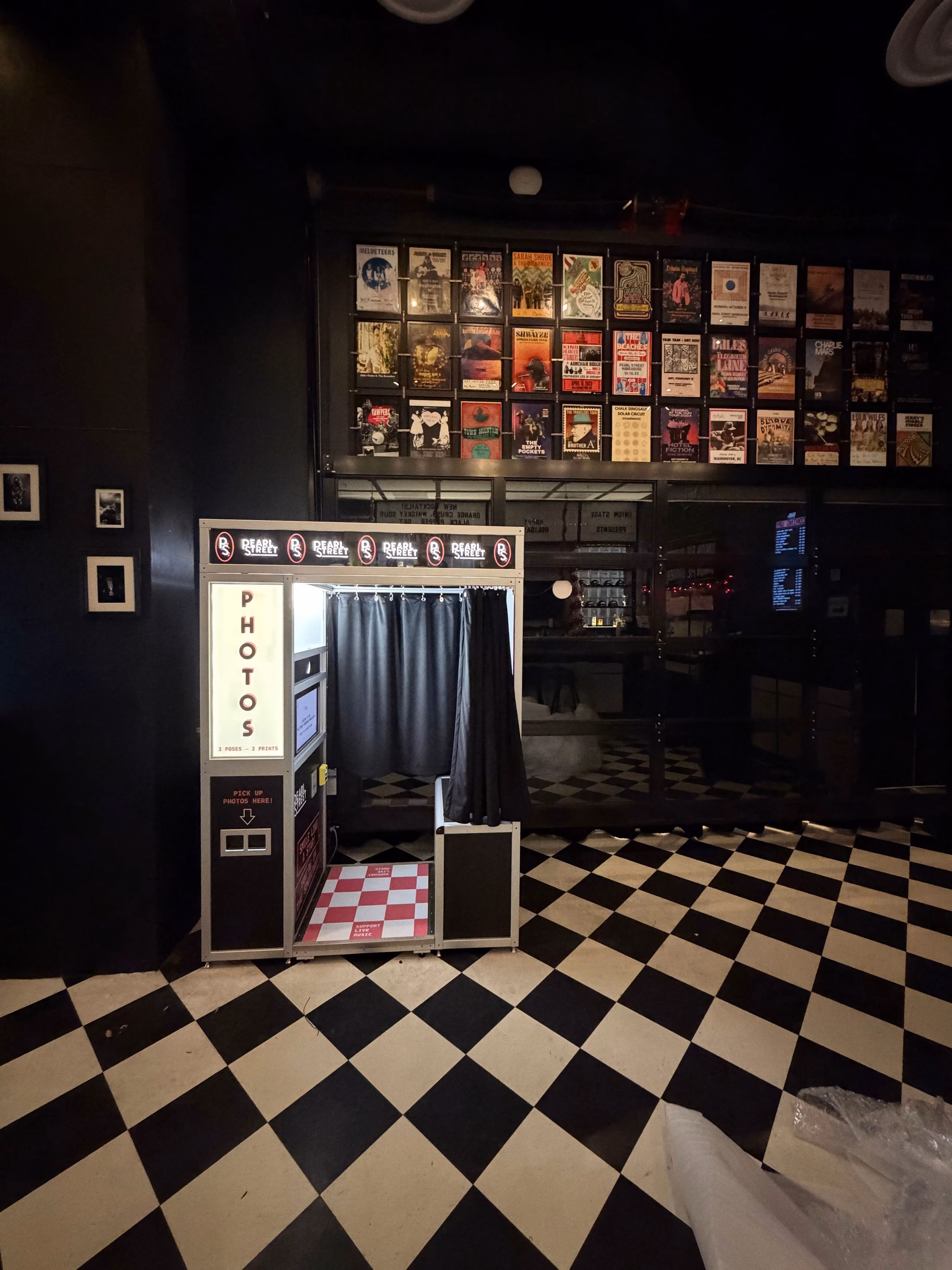 Photo booth on the checkered floor at Pearl Street Warehouse