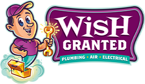 Cartoon plumber holding a glowing plumbing wrench key next to a sign reading 'Wish Granted Plumbing Air Electrical'.