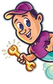 Cartoon character wearing a purple cap and shirt, smiling and holding a glowing wrench.