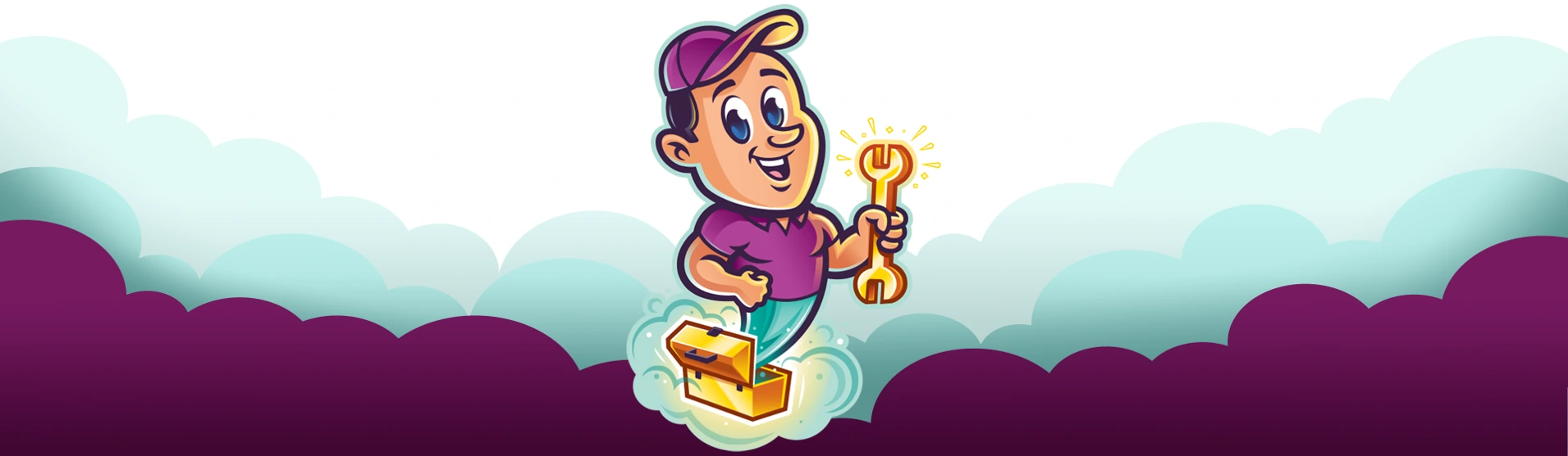 Cartoon repairman with a purple cap and shirt holding a glowing wrench and standing on an open toolbox amidst blue and purple cloud shapes.