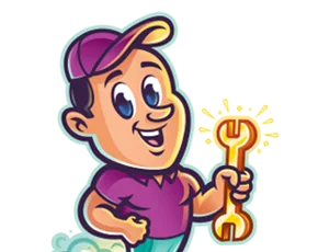 Cartoon technician wearing a purple cap and shirt holding a glowing wrench.