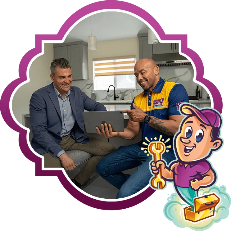 Two men sitting in a modern kitchen, one in a suit and the other in a yellow and blue work uniform, smiling and looking at a tablet, with a cartoon handyman holding a wrench overlayed on the right.