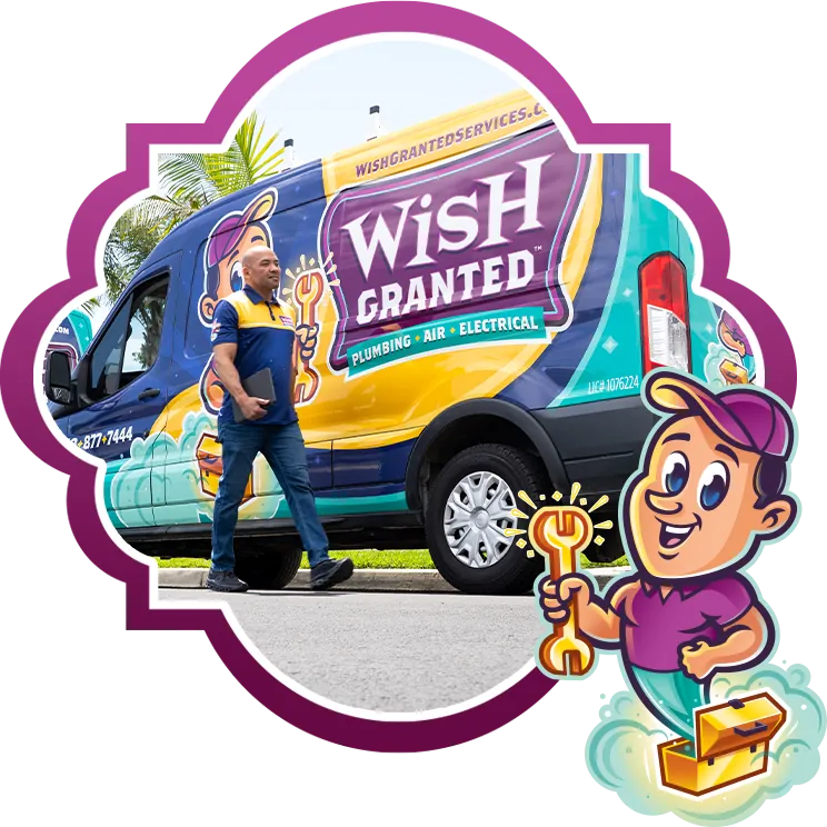 Man walking beside a colorful Wish Granted service van advertising plumbing, air, and electrical services, with a cartoon mascot holding a wrench.