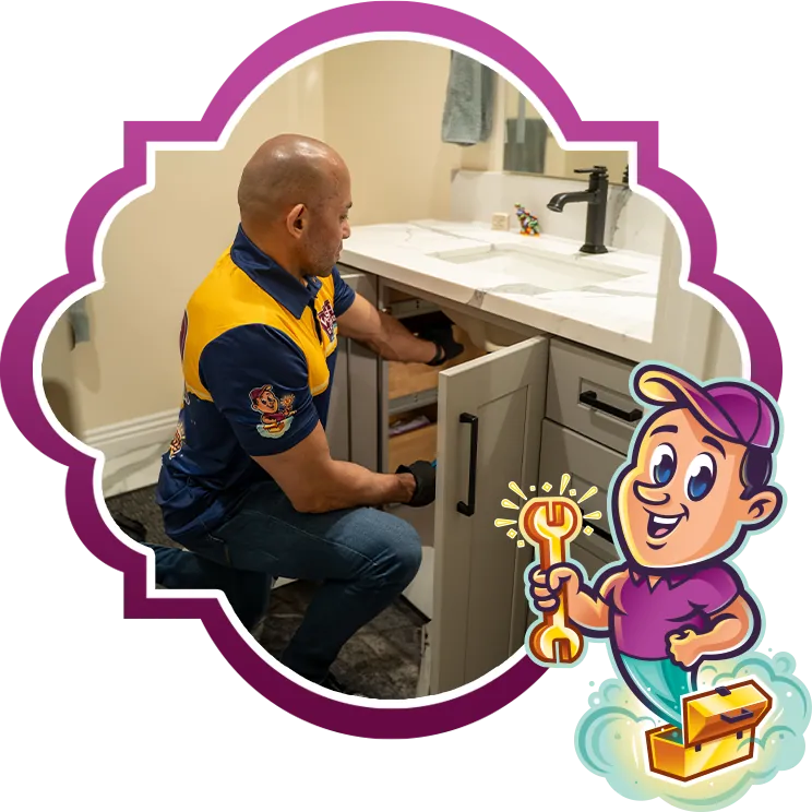 A handyman in uniform kneeling and inspecting plumbing inside a bathroom cabinet under the sink.