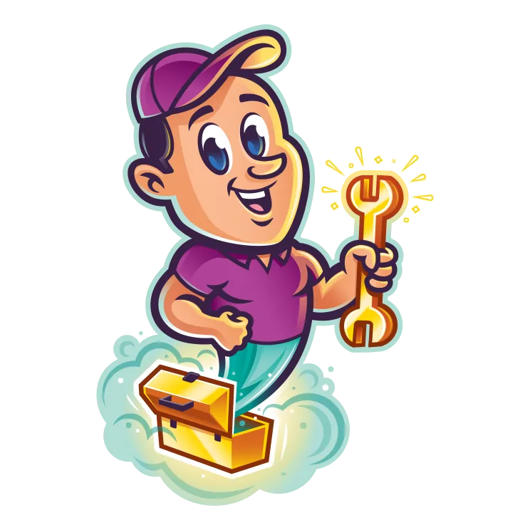 Cartoon genie mechanic emerging from a toolbox holding a glowing wrench.