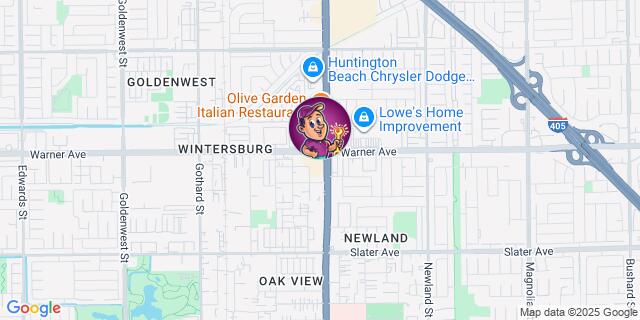 Map showing intersection of Warner Avenue and a north-south road near Olive Garden, Lowe's Home Improvement, and Huntington Beach Chrysler Dodge, with a cartoon mascot icon at the center.