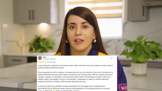 Woman with long dark hair speaking indoors with kitchen background, overlayed with a customer review text.