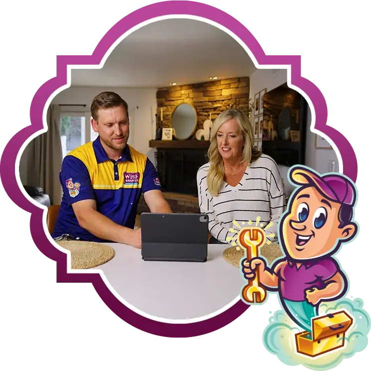 Man in a blue and yellow Wish Grantee shirt and a woman in a white striped top looking at a tablet in a cozy living room with a fireplace, accompanied by a cartoon handyman holding a glowing wrench.