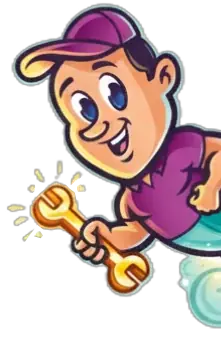 Cartoon mechanic holding a glowing wrench, smiling and wearing a purple cap and shirt.