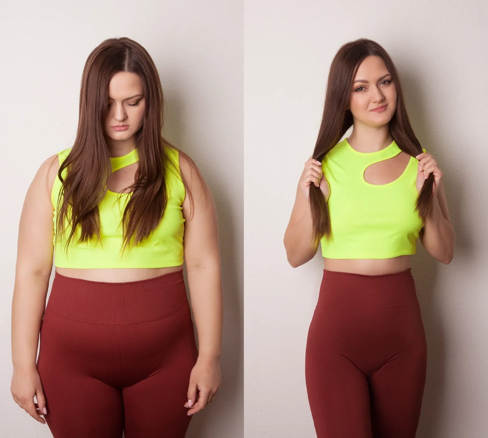 Before and after photos of a woman showing a slimmer waist and arms.