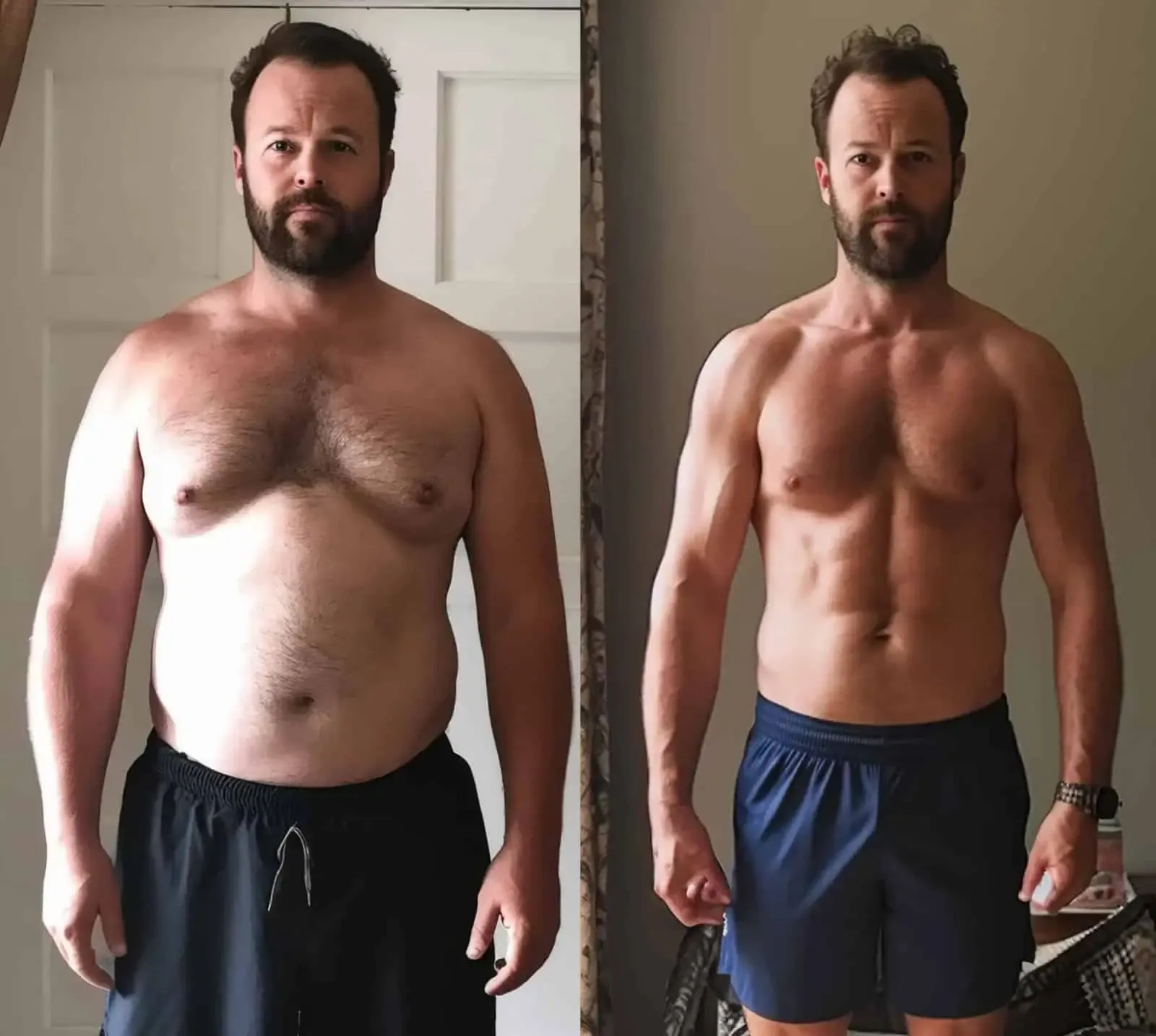Before and after photos of a man showing reduced belly fat and a leaner build.
