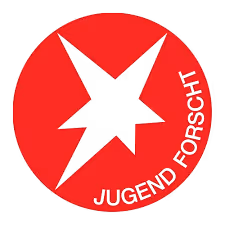 Rotes rundes Logo mit schwarzem Stern in der Mitte und dem Text ‚Jugend forscht‘ am unteren Rand.