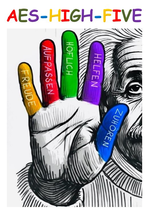 Gezeichnete Hand mit fünf bunten Fingern neben einem Gesicht, jeder Finger trägt ein Wort: Freude, Aufpassen, Höflich, Helfen, Zuhören.