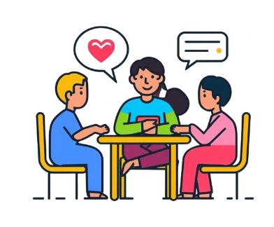 Drei Personen sitzen an einem Tisch und unterhalten sich, eine Sprechblase zeigt ein Herz.