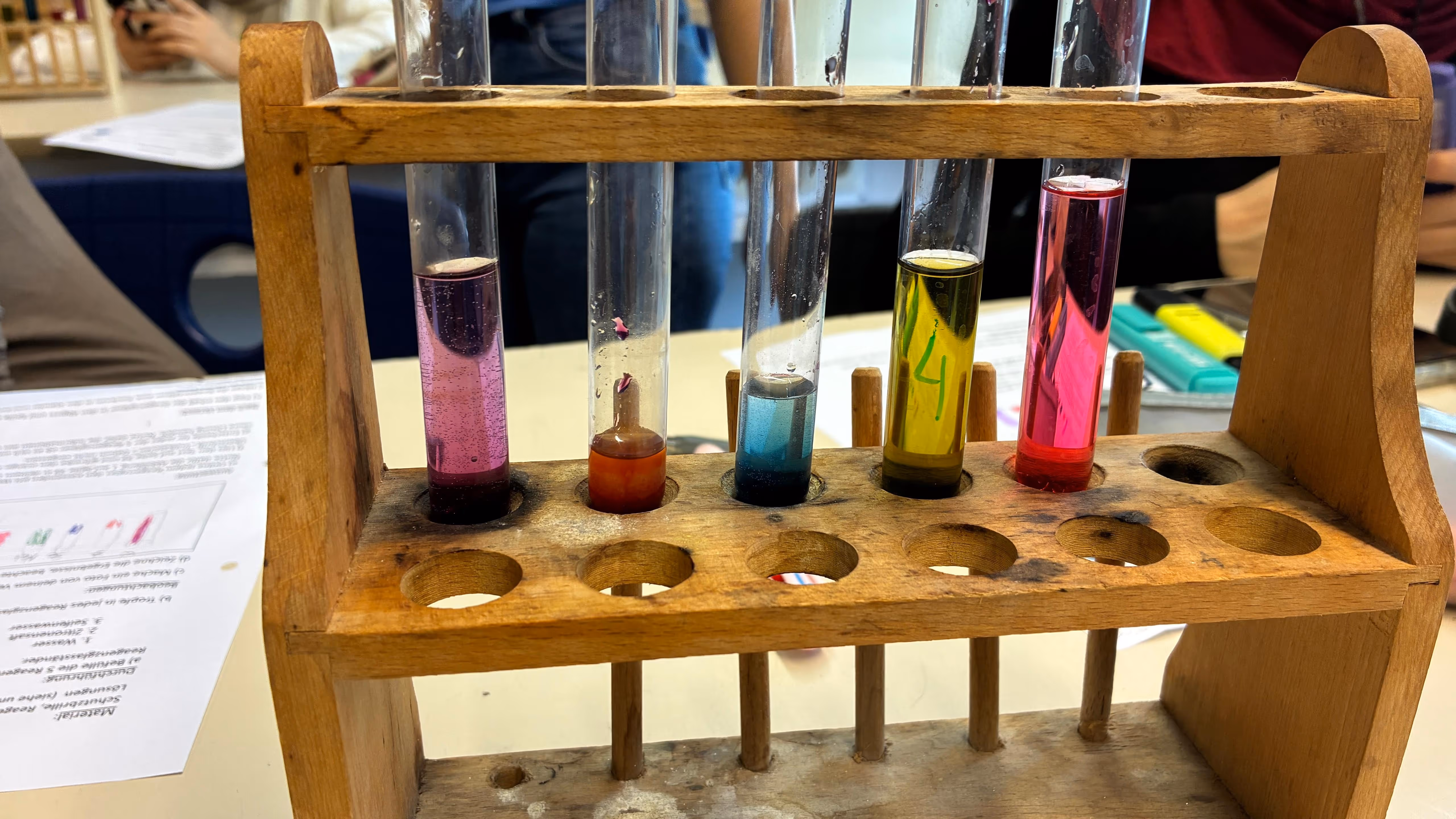 Reagenzgläser mit unterschiedlich gefärbten Lösungen stehen in einem Reagenzglasständer.