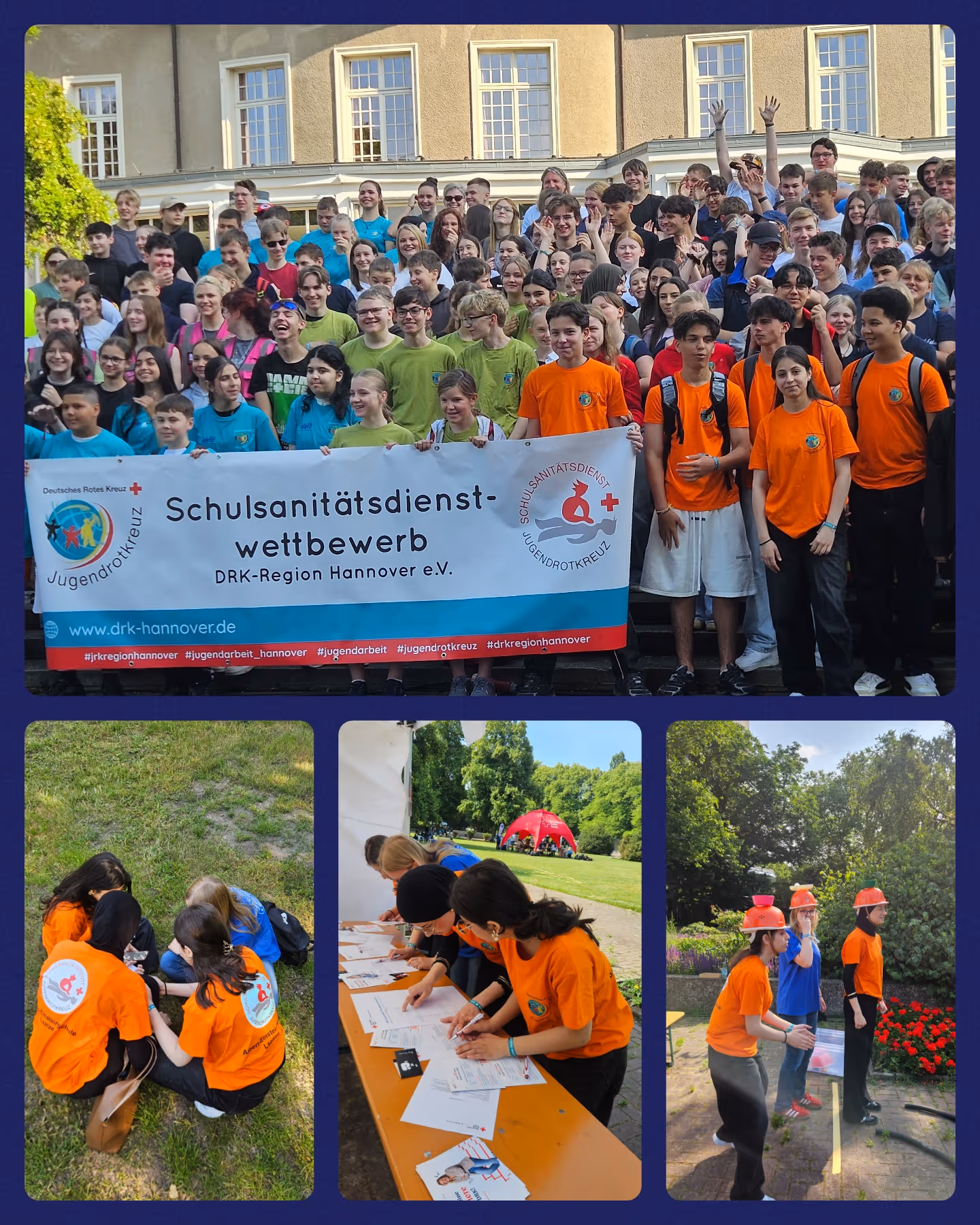 Collage aller Bilder unten. Schüler:innen halten Banner, Schüler:innen hocken in einer Gruppe auf einer Wiese, füllen Formulare aus und tragen Helme 
