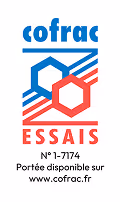 Logo de Cofrac Essais avec le texte 'N° 1-7174 Portée disponible sur www.cofrac.fr'.