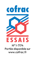 Logo de Cofrac Essais avec le texte 'N° 1-7174 Portée disponible sur www.cofrac.fr'.