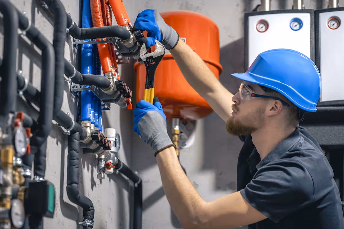 Un technicien portant un casque bleu et des lunettes de sécurité effectue des opérations de maintenance dans une salle technique.