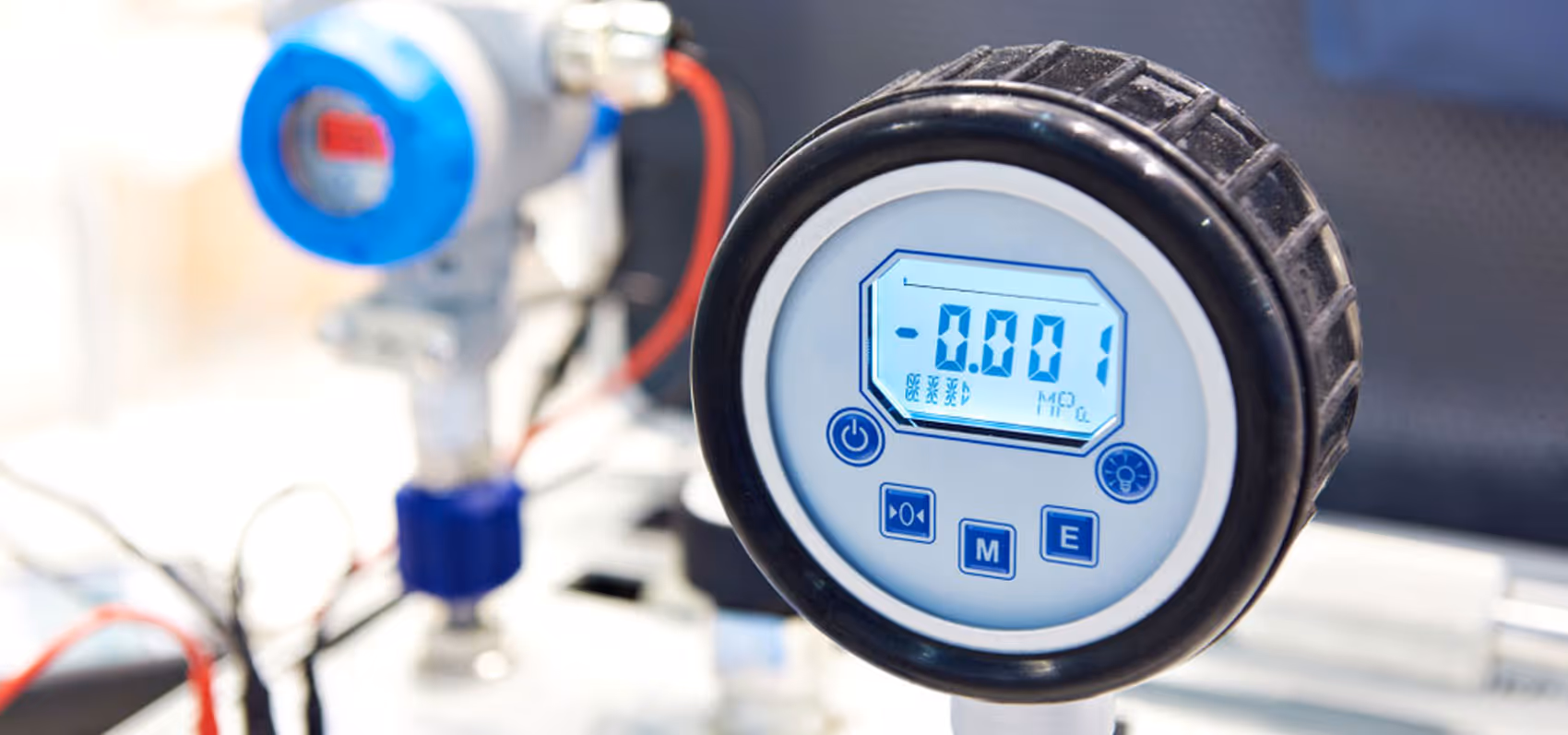 Manomètre numérique affichant une mesure de -0,001 MPa dans un environnement industriel.