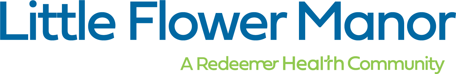 Little Flower Manor logo with blue text and green tagline 'A Redeemer Health Community'.