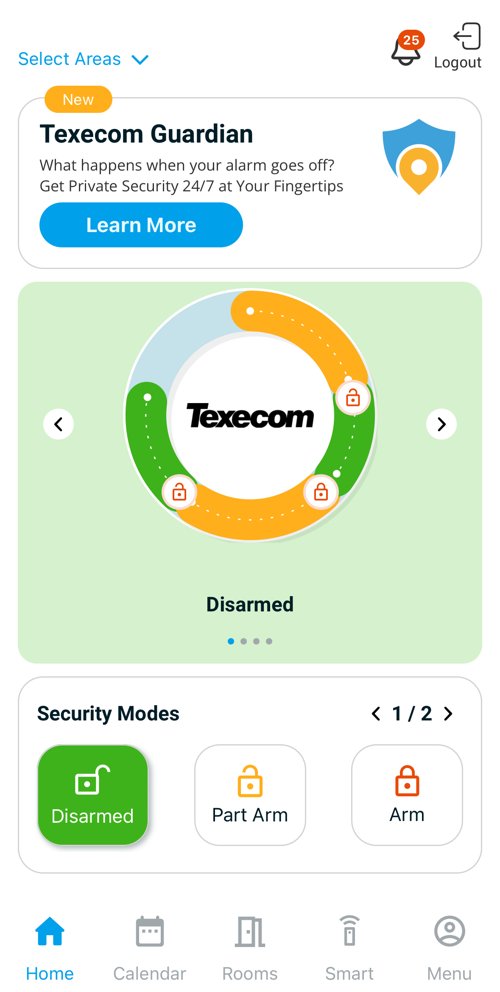 Texecom Connect home screen with arm, part arm and disarm