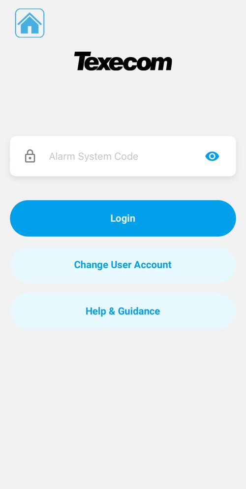 Texecom Connect alarm code screen