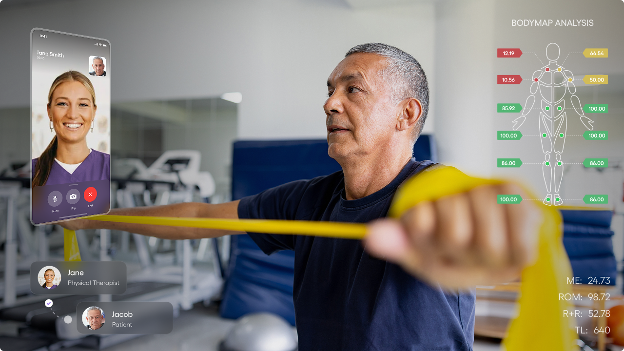 Older man exercising with a yellow resistance band during a virtual physical therapy session displayed on a smartphone screen, with bodymap analysis data overlayed.