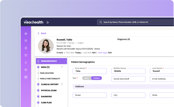 Medical patient profile interface showing demographics, clinical history, diagnosis, and care plan tabs with details for Talia Russell including personal info and visit history.