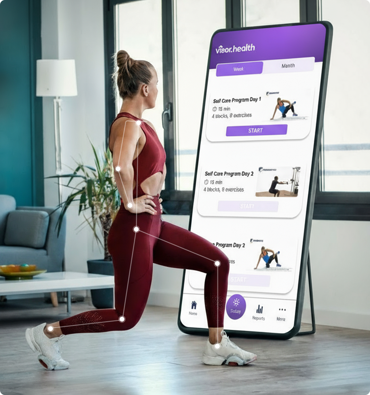 Woman in maroon workout clothes performing a lunge exercise indoors in front of a large touchscreen displaying self-care program options.