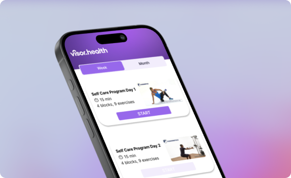Smartphone screen showing Visor.Health app with self care programs for Day 1 and Day 2, each with 15-minute sessions and multiple exercises.