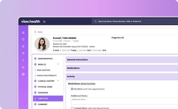 Telehealth interface showing patient care plan details for Russell Talig Middle, including demographics, diagnosis, and activity instructions.
