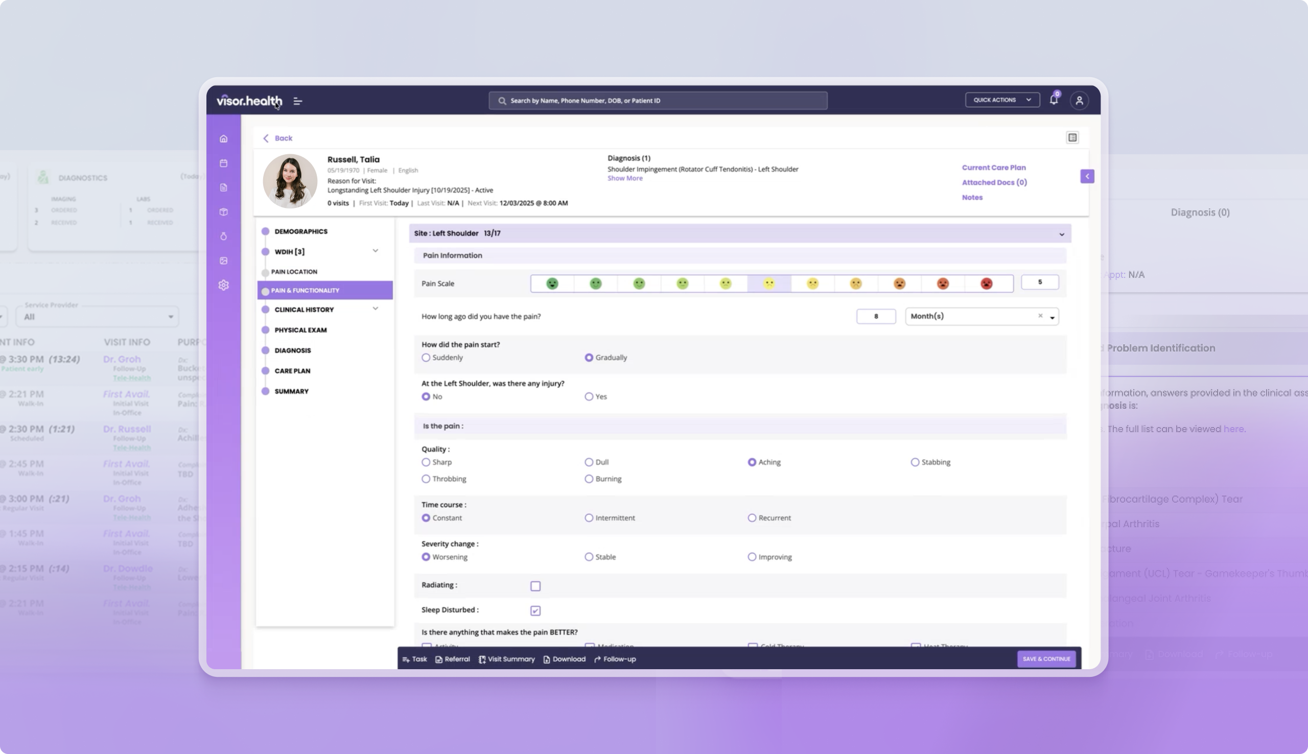 Medical software interface showing patient Talia Russell's left shoulder pain assessment with pain scale, duration, pain characteristics, and quality details.
