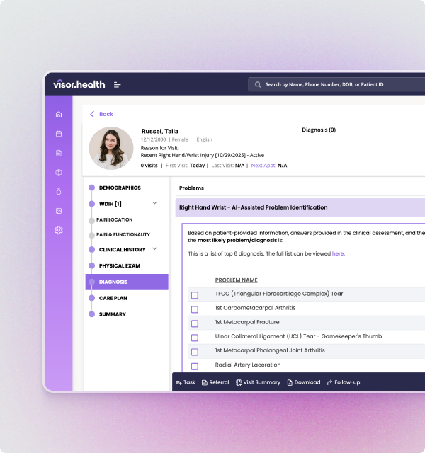 Patient profile of Talia Russel with recent right hand and wrist injury, showing AI-assisted problem identification listing possible diagnoses including TFCC tear and arthritis.