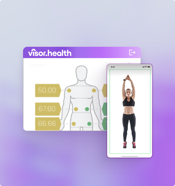 Digital health interface with body measurement indicators and a smartphone displaying a woman in workout attire stretching with arms raised above her head.