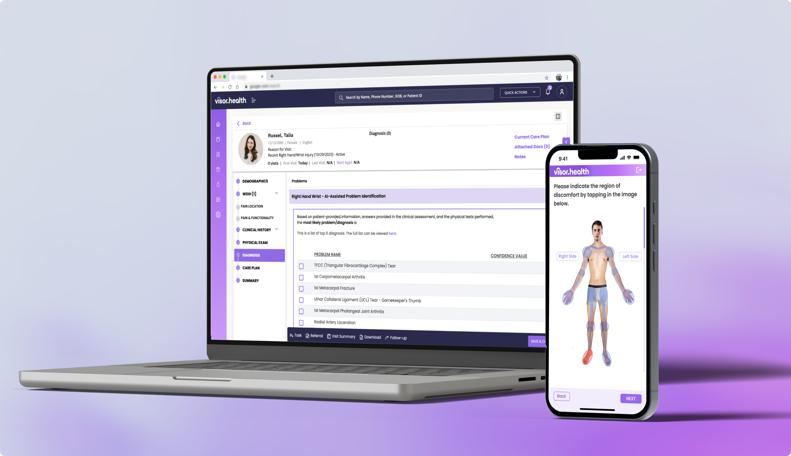 Laptop and smartphone displaying visor.health medical interface; laptop shows patient diagnosis details, smartphone shows body diagram for indicating discomfort.