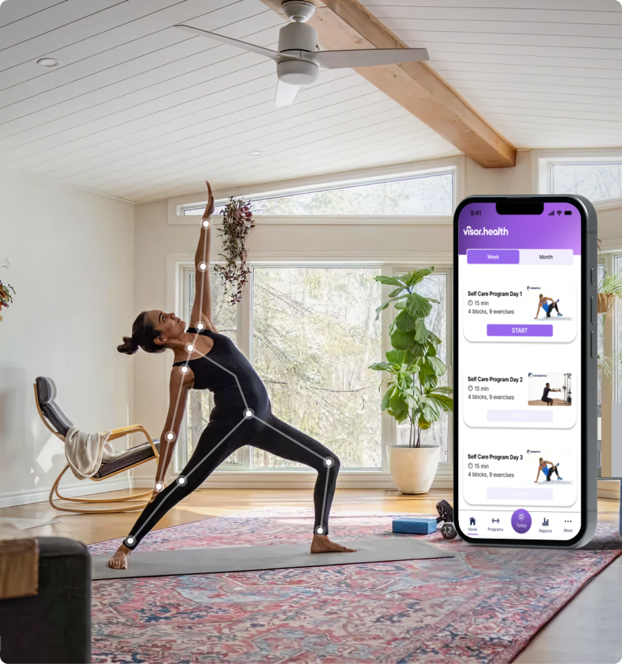 Woman in a living room performing a yoga pose with digital skeletal tracking overlay and a mobile screen showing Visor Health self care programs.
