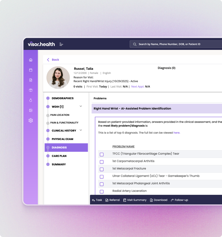 Medical dashboard showing patient Talia Russel's diagnosis section with AI-assisted problem identification for right hand wrist injuries including TFCC tear and arthritis.