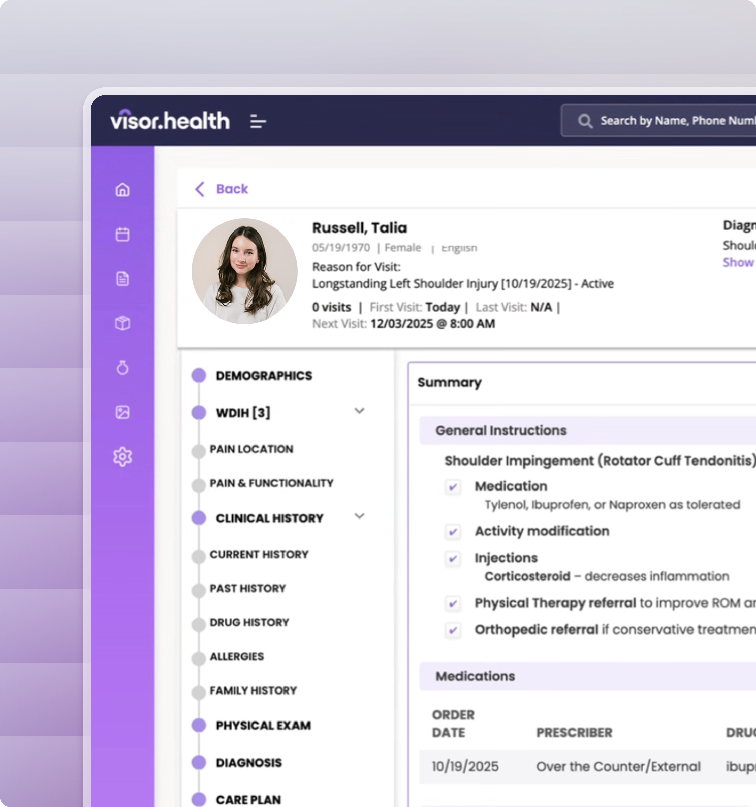 Patient portal screen showing profile of Talia Russell with left shoulder injury, visit history, navigation menu, and treatment summary including medication and therapy instructions.