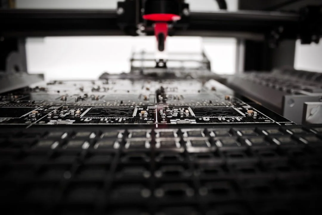 Close-up view of a circuit board being printed or inspected by a machine with a red light above.