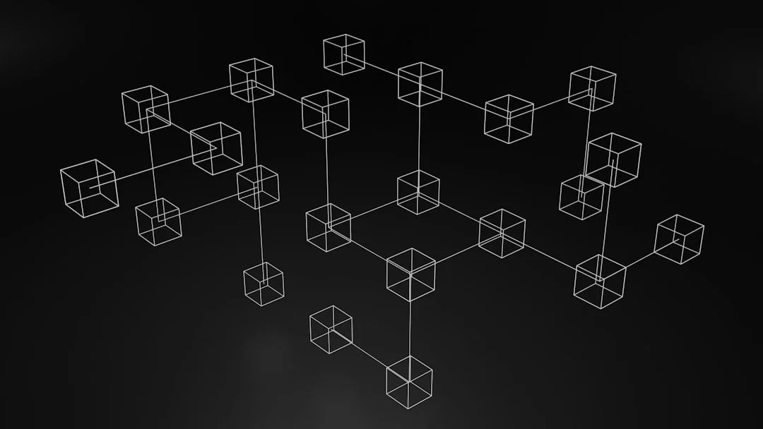 3D wireframe network of interconnected transparent cubes on a dark background.
