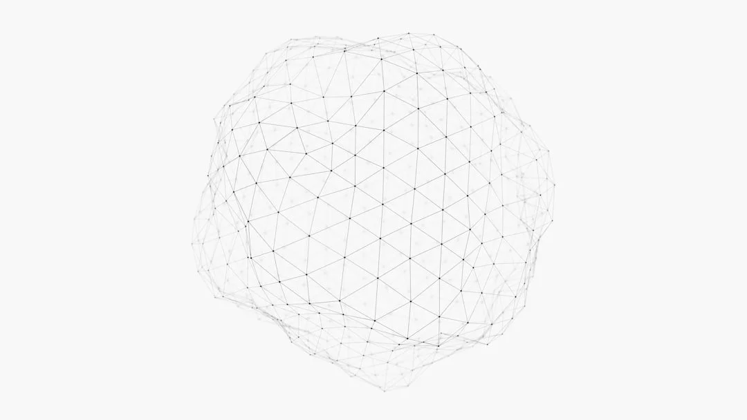 Abstract 3D wireframe sphere made of interconnected points and lines on a white background.