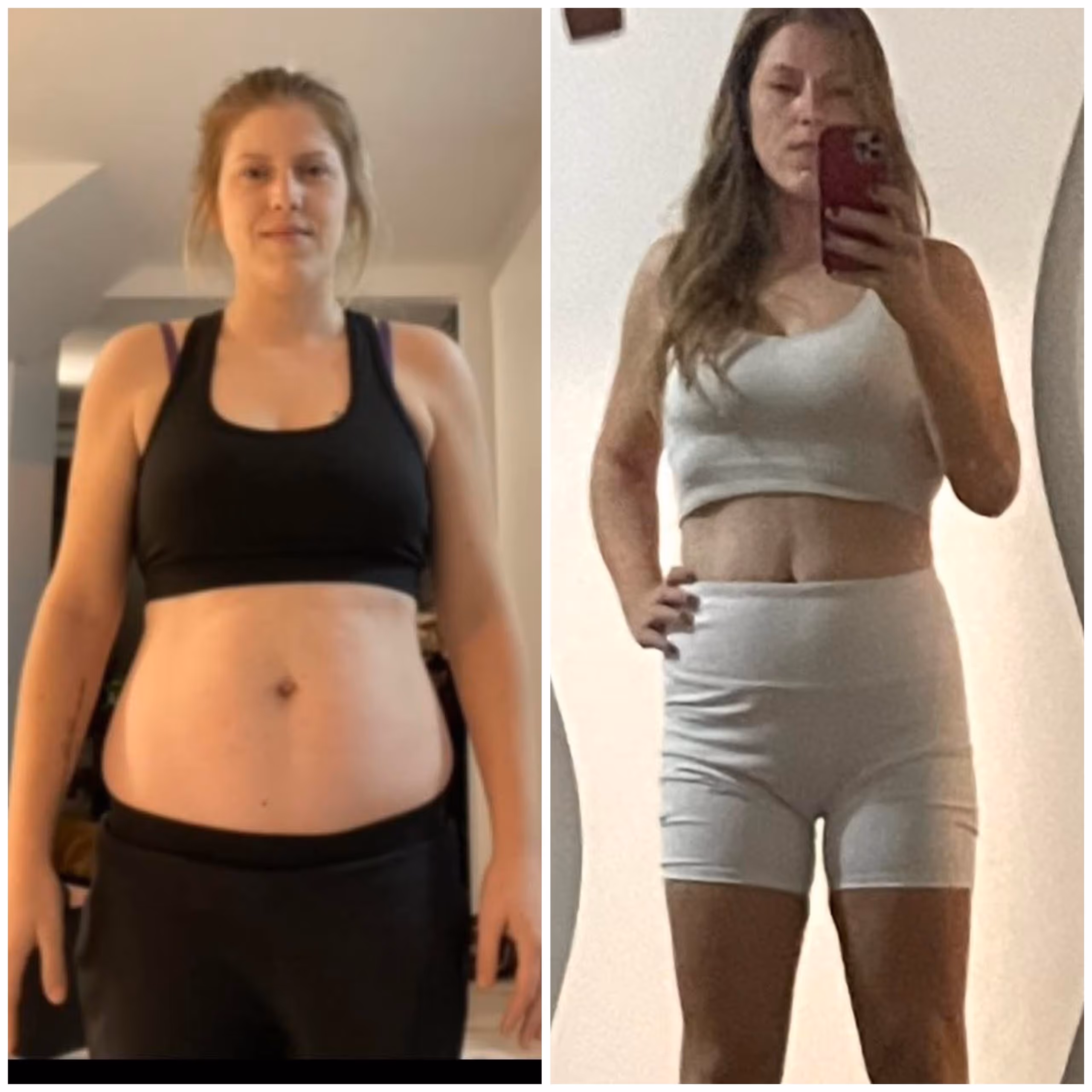 Transformation d’une femme – avant et après : comparaison côte à côte en tenue d’entraînement, illustrant les résultats d’un programme Coach Getfit Québec.