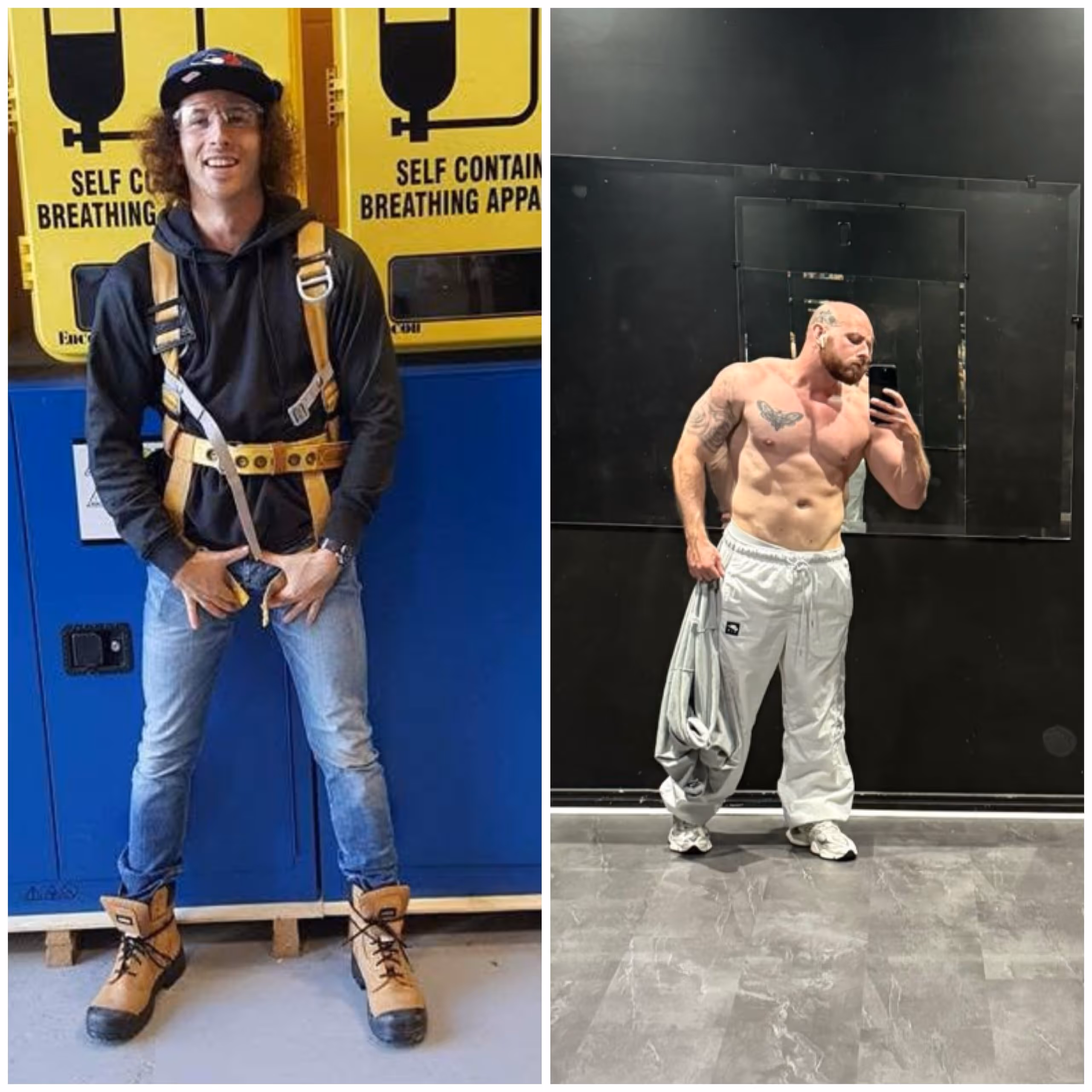 Avant/après – deux hommes côte à côte : à gauche en tenue de travail avec harnais de sécurité et bottes, à droite torse nu en pantalon blanc prenant un selfie dans un miroir – transformation physique complète Coach Getfit Québec.
